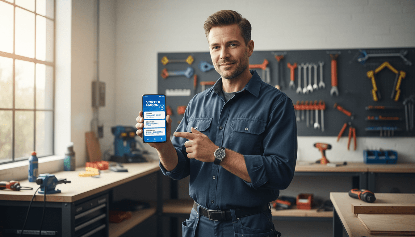 Tradesperson in a workshop using smartphone with Vortex Hagon dashboard visible.