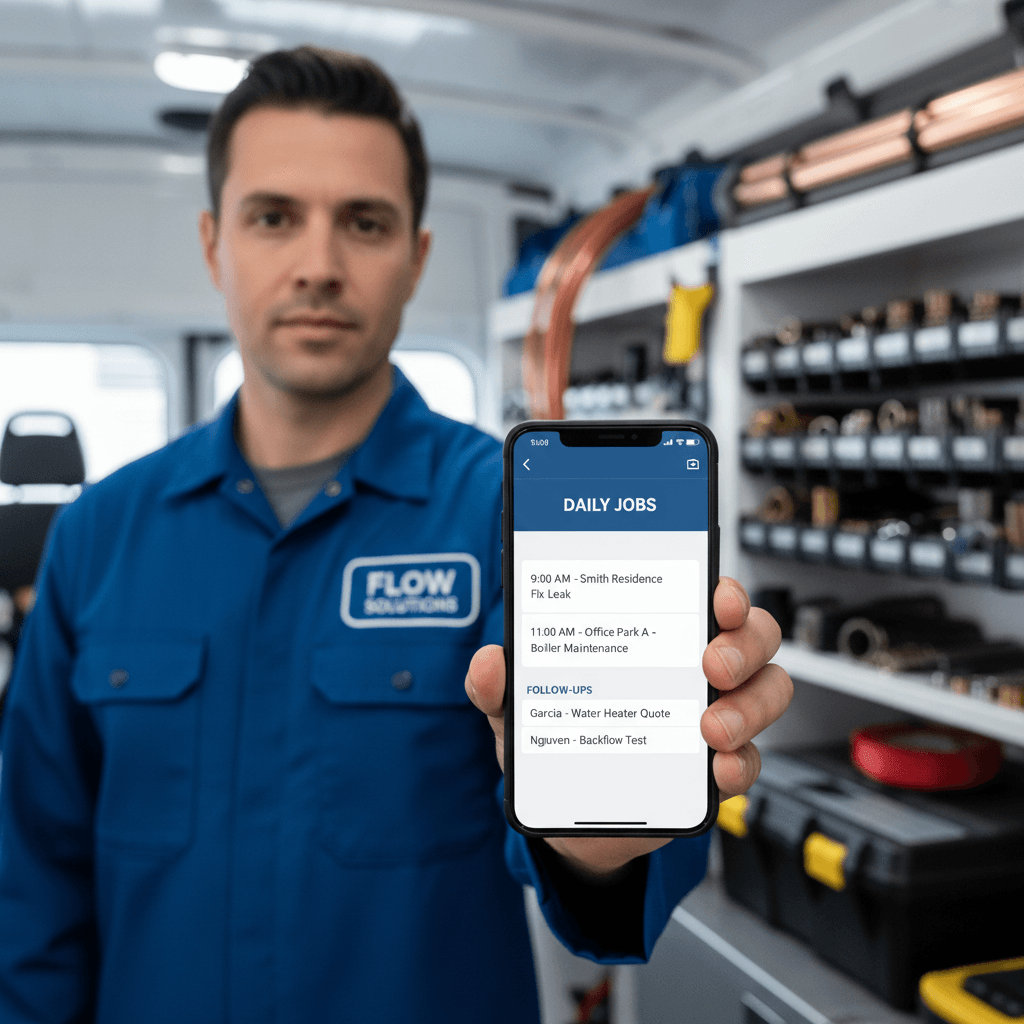 Plumber using CRM on phone to manage jobs and follow-ups, in modern workshop setting