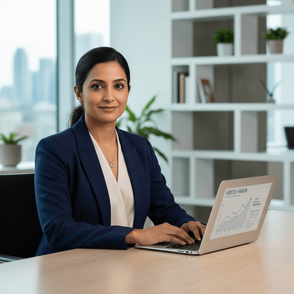 Ayesha Patel, Head of Client Success, at her desk in a modern office, working on a laptop