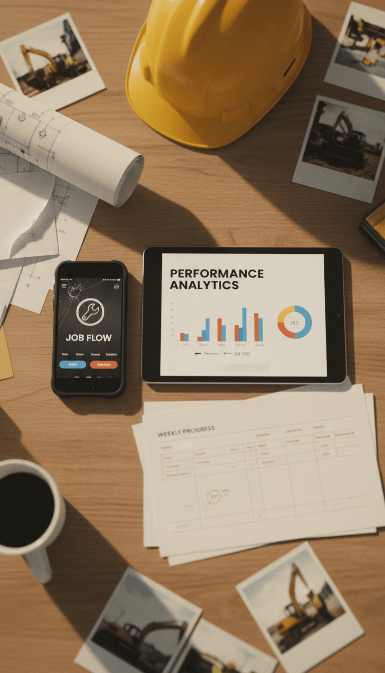 Multi-device view showing unified platform integrating mobile, tablet, and reporting