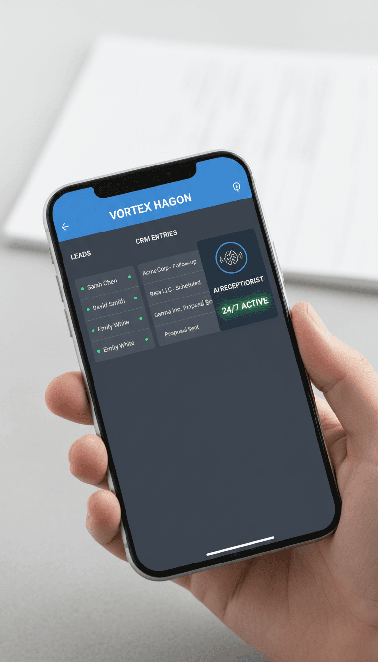 Vortex Hagon mobile app dashboard showing lead management and AI receptionist features