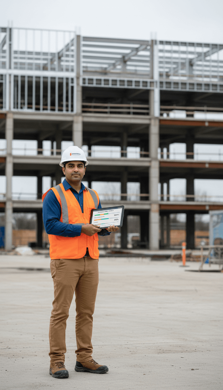 Construction professional in safety gear reviewing project milestones on tablet at active building site