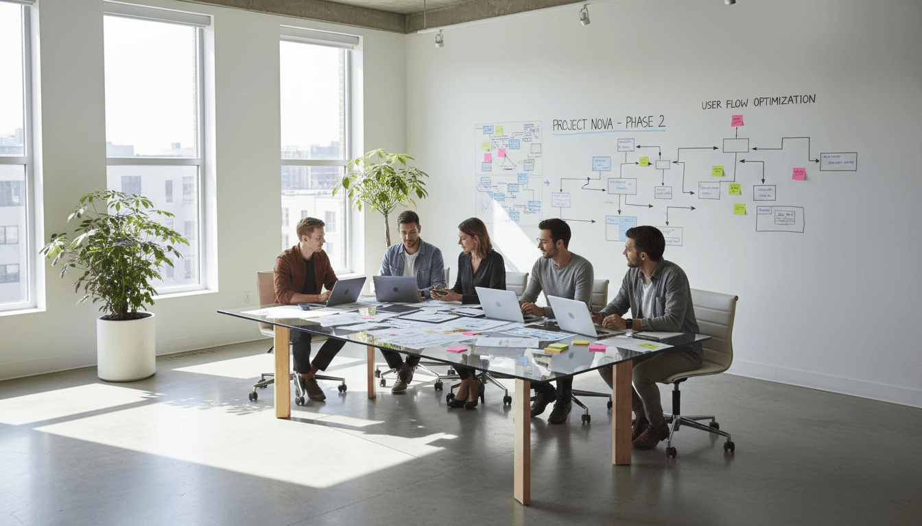 Diverse development team collaborating around table with laptops and wireframes in bright, modern open-plan office