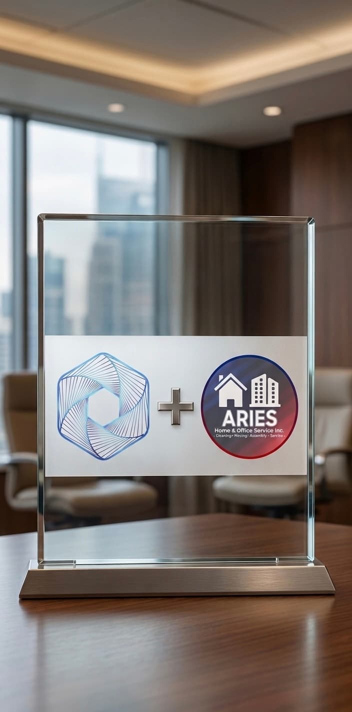 Clear glass plaque on a wooden table featuring two logos joined by a plus sign.
