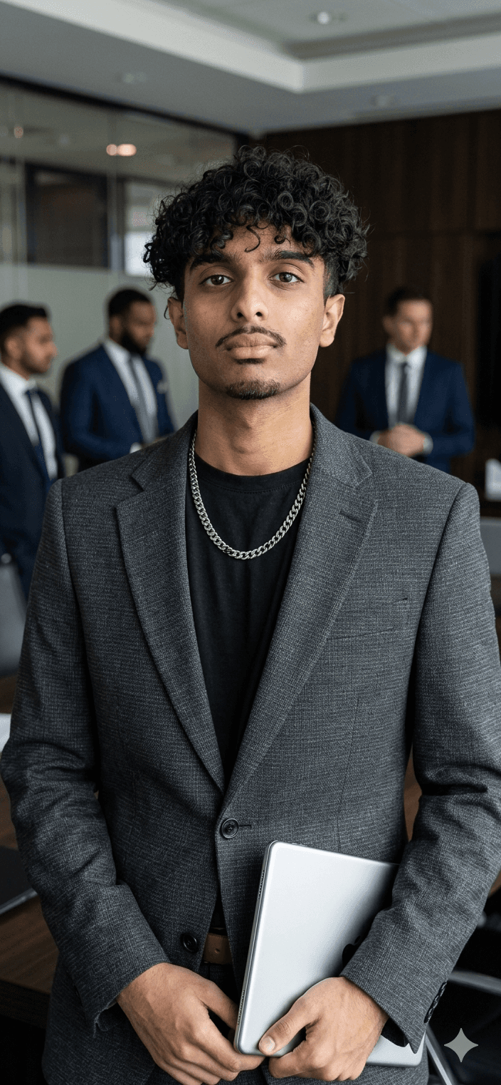 Young man with curly hair wearing a grey blazer and silver chain holding a tablet.