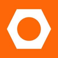 White hexagon containing an orange circle, centered on a solid bright orange background.