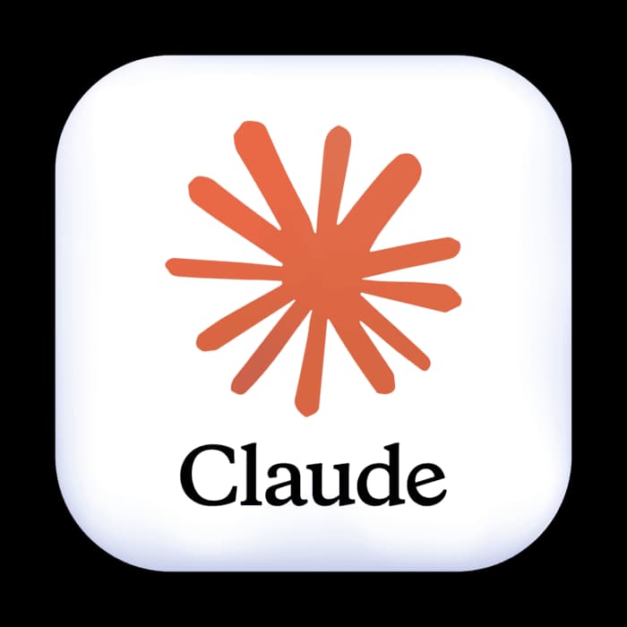 Orange hand-drawn starburst icon above the word Claude on a rounded white square background.