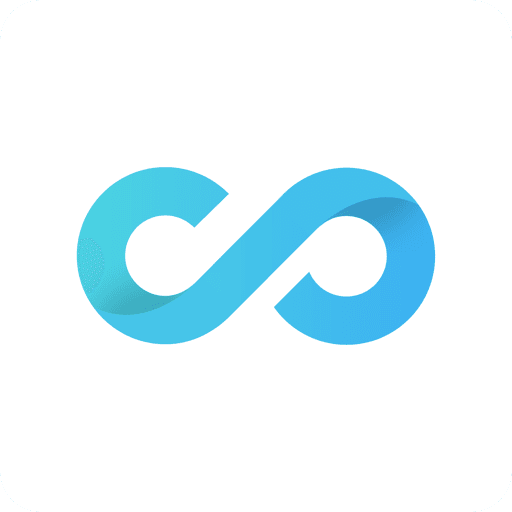 Stylized blue infinity symbol with a gradient effect and overlapping loops on white background.