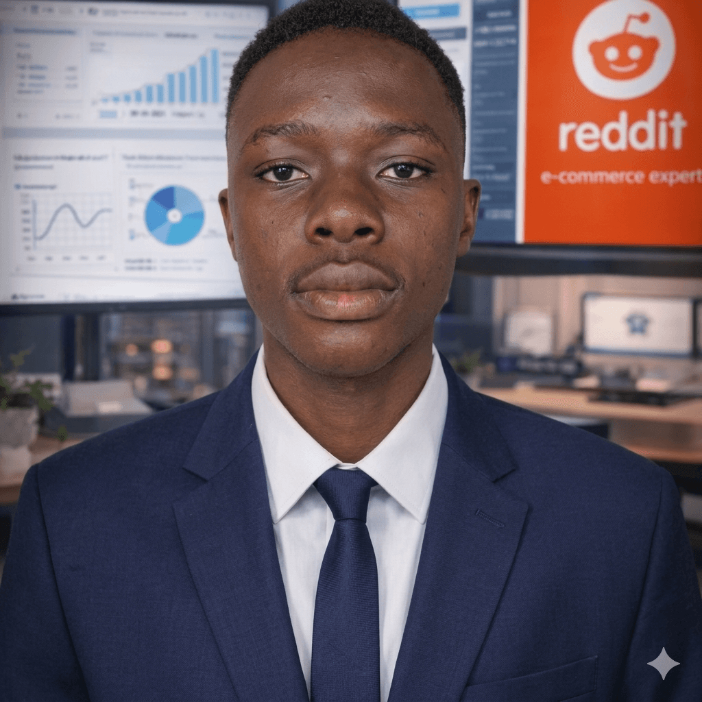 Young Black professional in a suit with data charts and Reddit logo on background screens.