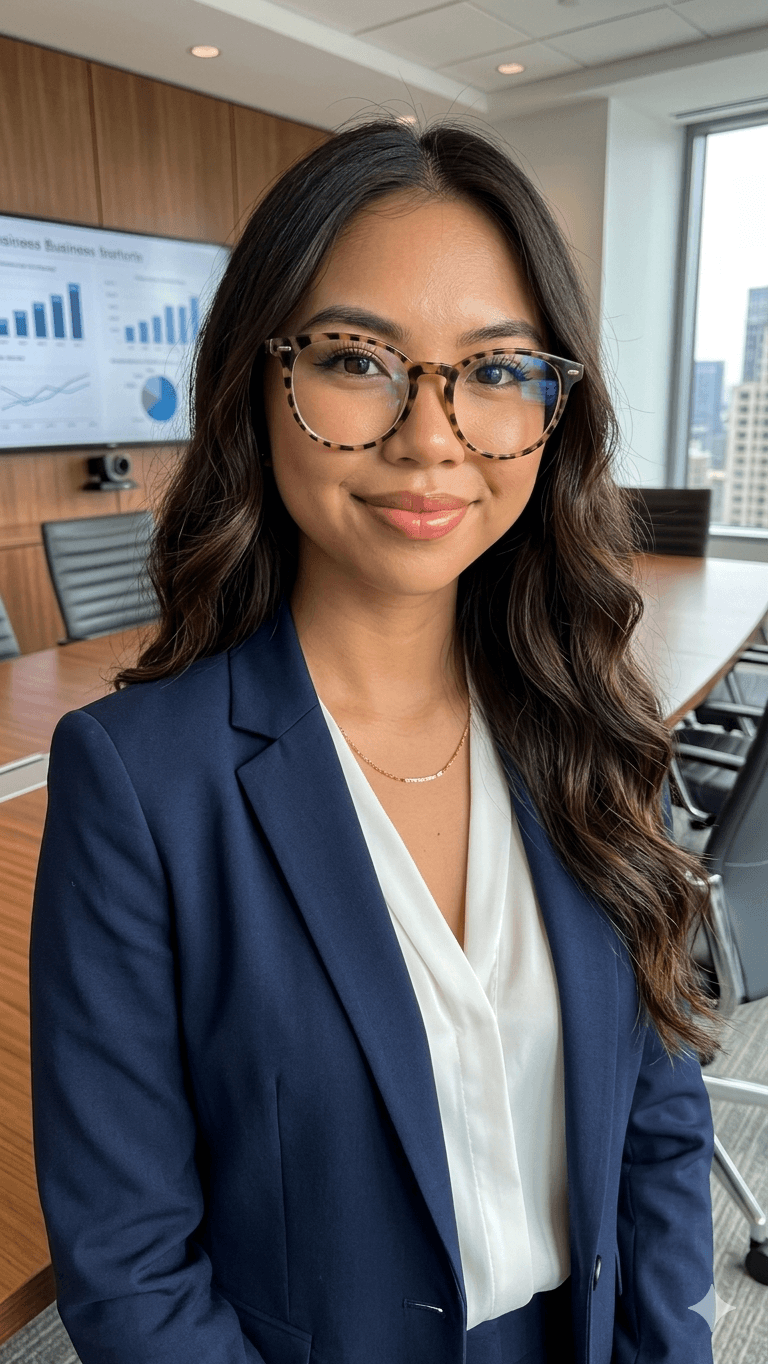 Smiling woman with tortoiseshell glasses and navy blazer in a modern office with data charts.