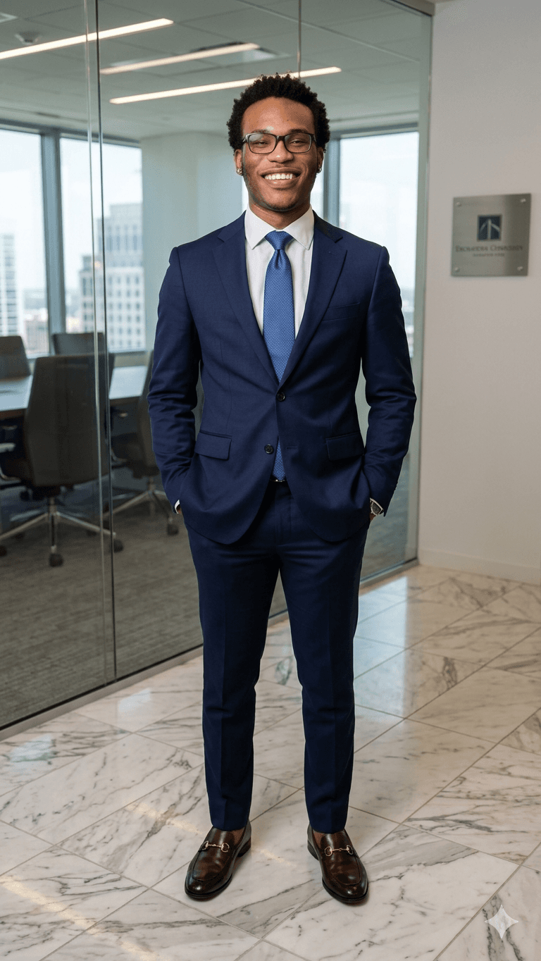 Smiling Black man in a navy suit and glasses standing in a modern office.