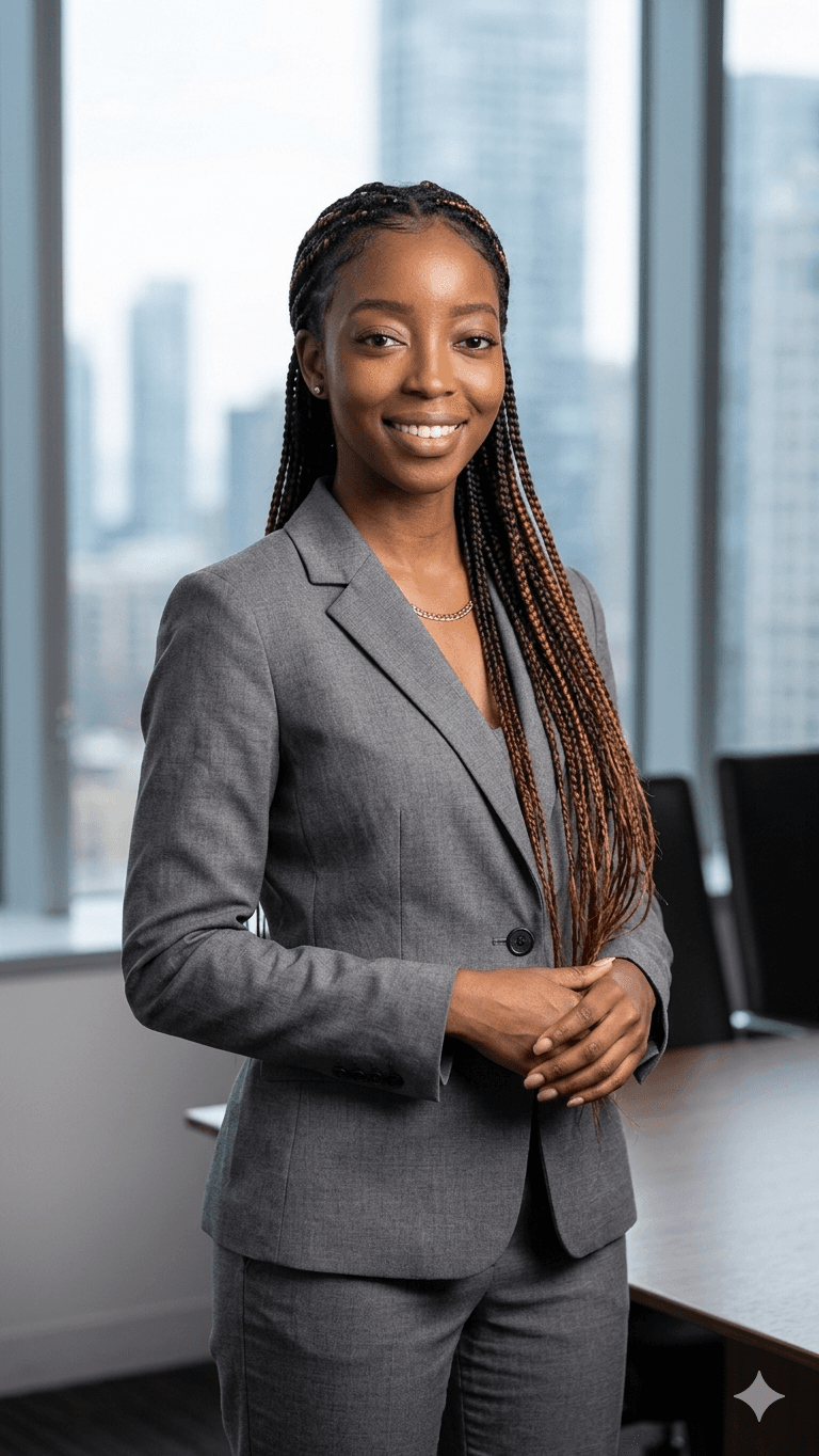 Smiling Black woman with long braids wearing a grey suit in a modern office setting.