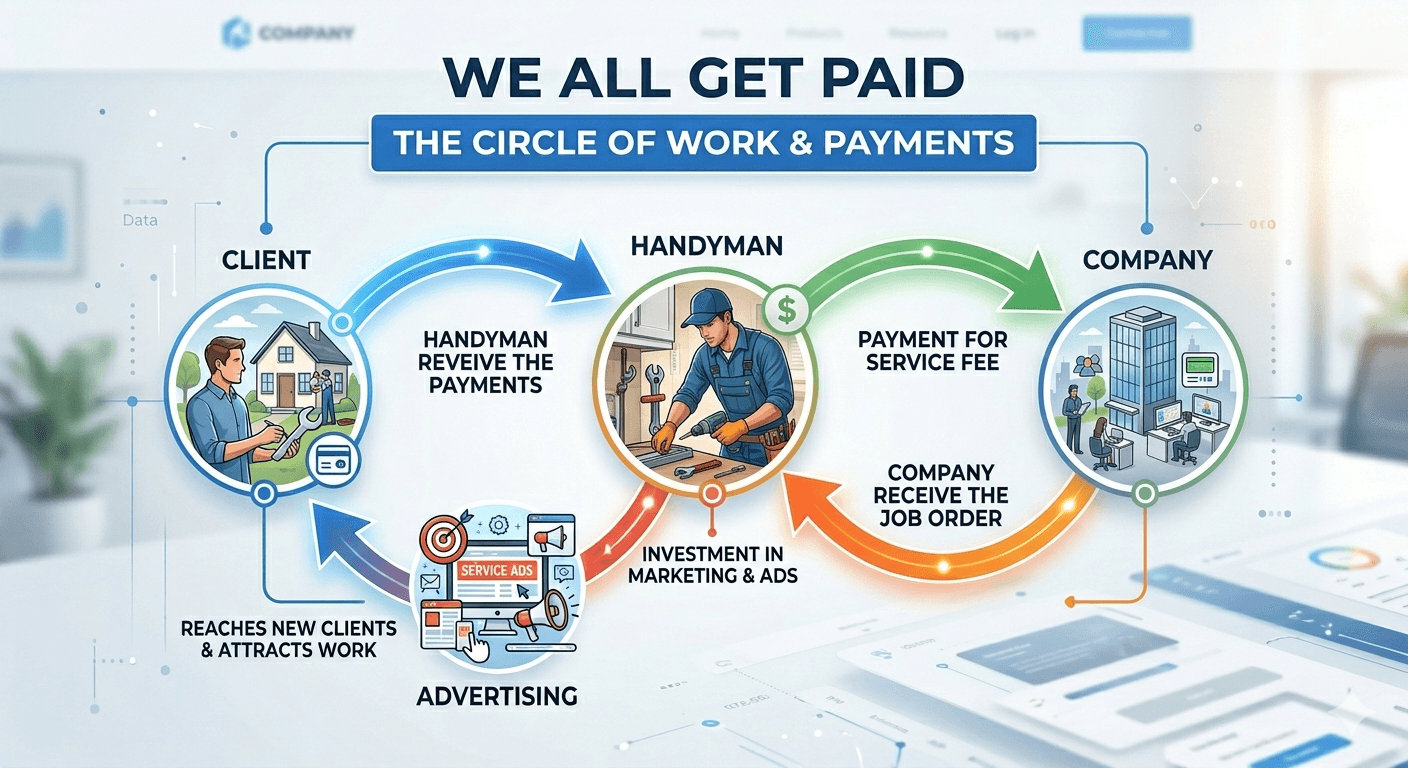 Infographic showing the circular flow of work and payments between clients, handymen, companies, and advertising.